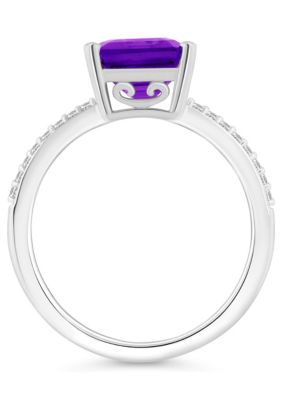 Sterling Silver 10x8mm Emerald Cut Amethyst 1/10 CTTW Diamond Ring