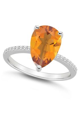 Sterling Silver 12x8mm Pear Shape Citrine 1/10 CTTW Diamond Ring