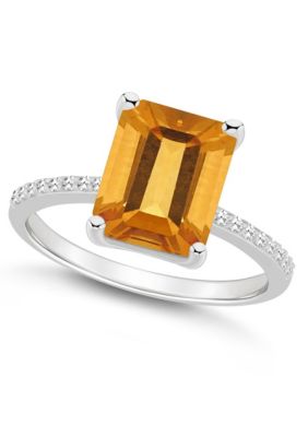 Sterling Silver 10x8mm Emerald Cut Citrine 1/10 CTTW Diamond Ring