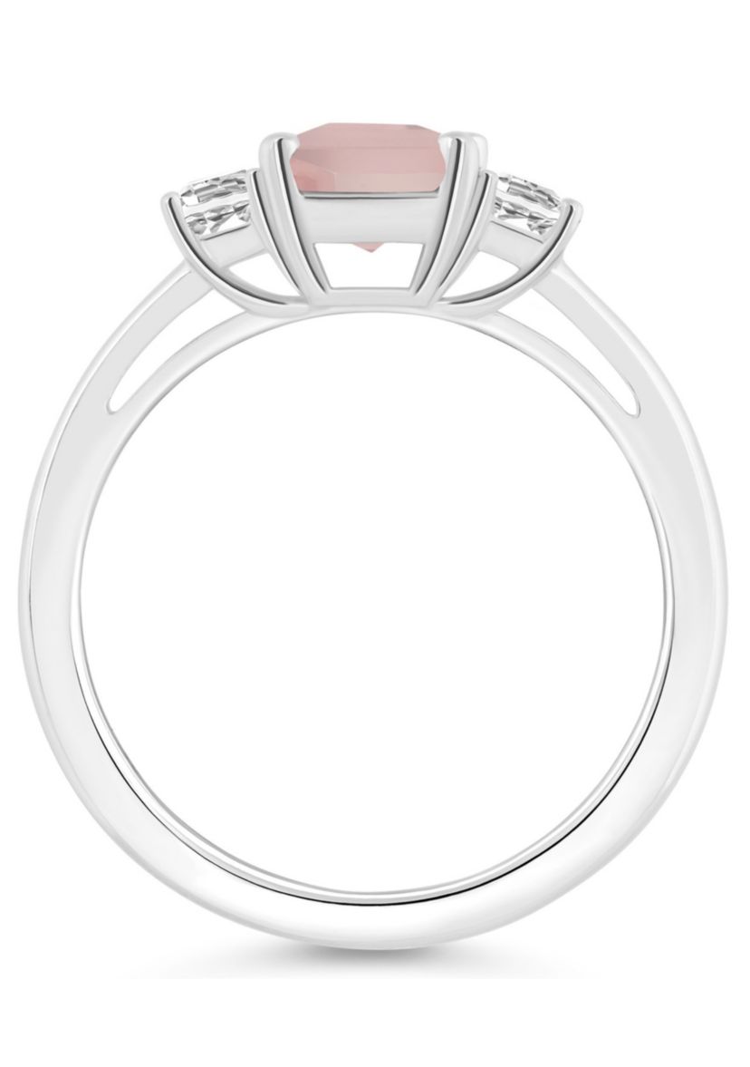 Sterling Silver 8x6mm Emerald Cut Rose Quartz And White Topaz 3-Stone Ring