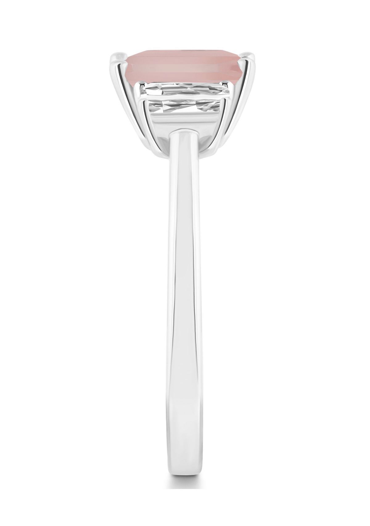 Sterling Silver 8x6mm Emerald Cut Rose Quartz And White Topaz 3-Stone Ring