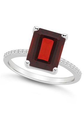 Sterling Silver 10x8mm Emerald Cut Garnet 1/10 CTTW Diamond Ring