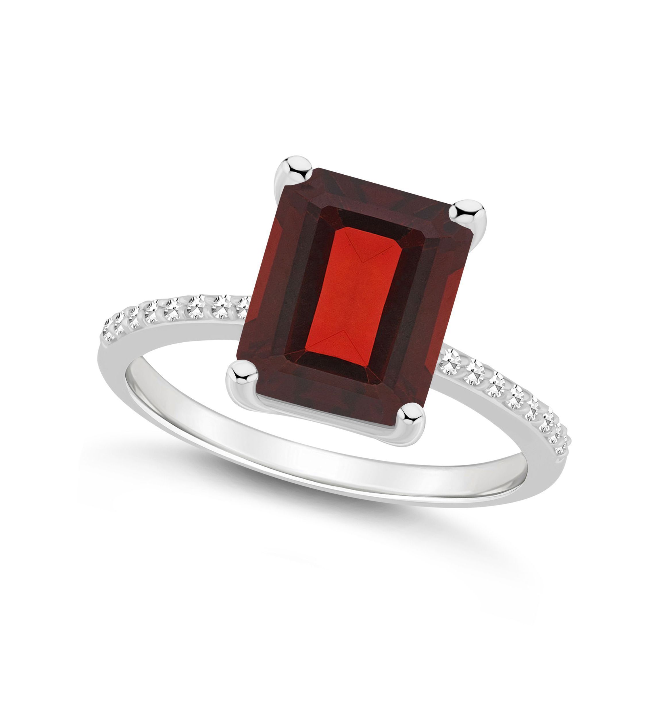 Sterling Silver 10x8mm Emerald Cut Garnet 1/10 CTTW Diamond Ring