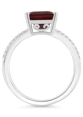 Sterling Silver 10x8mm Emerald Cut Garnet 1/10 CTTW Diamond Ring