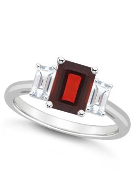 Sterling Silver 8x6mm Emerald Cut Garnet And White Topaz 3-Stone Ring