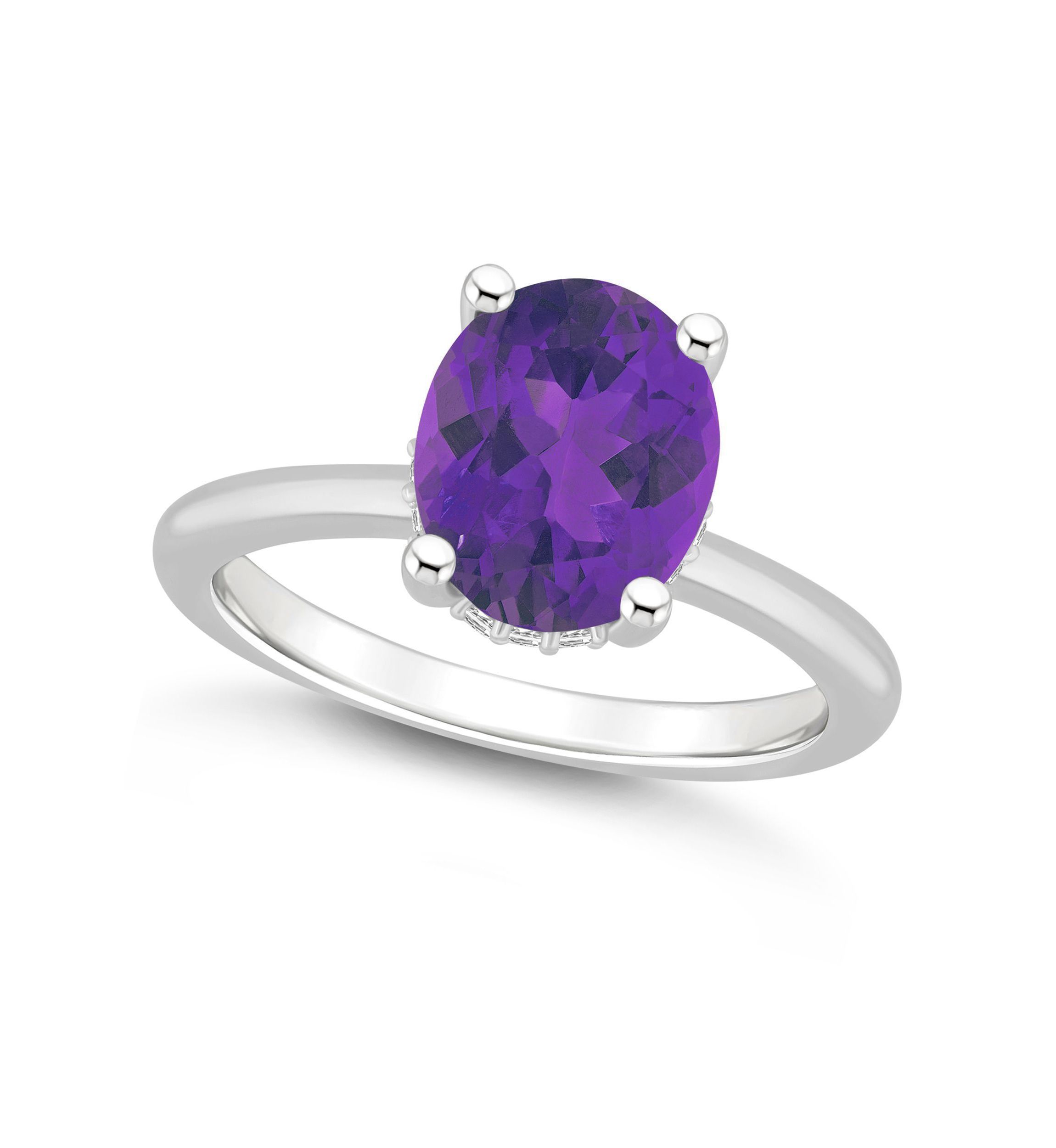 Sterling Silver 10x8mm Oval Amethyst Diamond Accent Ring