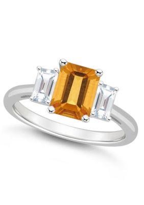 Sterling Silver 8x6mm Emerald Cut Citrine And White Topaz 3-Stone Ring