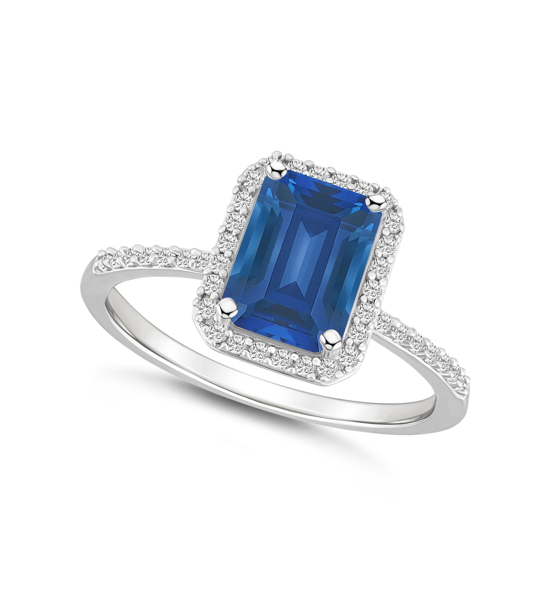 Lab Created 10K White Gold 8x6mm Emerald Cut Created Sapphire And Created White Sapphire Halo Ring