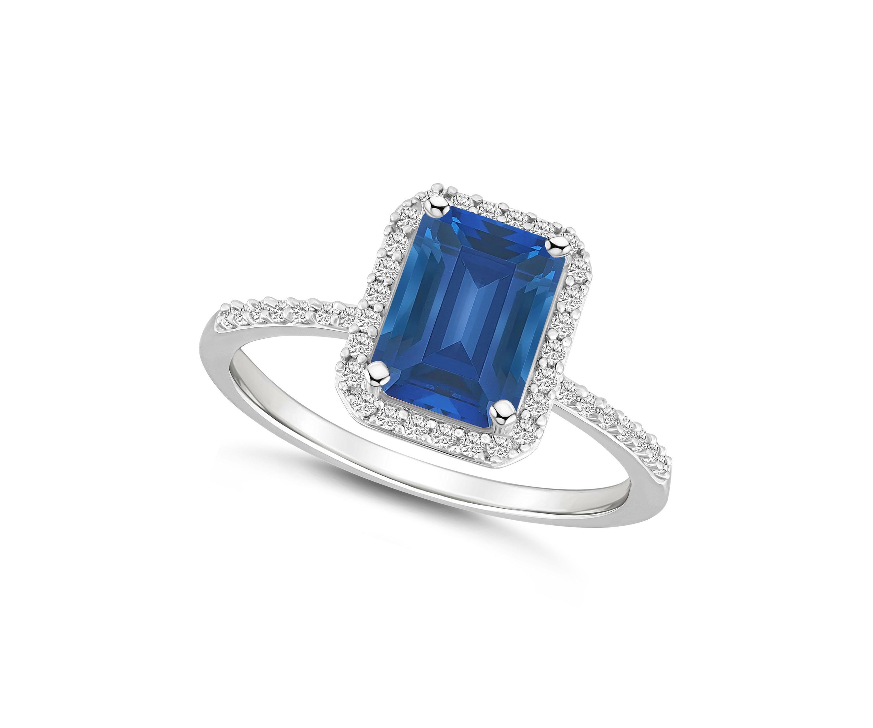 Lab Created 10K White Gold 8x6mm Emerald Cut Created Sapphire And Created White Sapphire Halo Ring