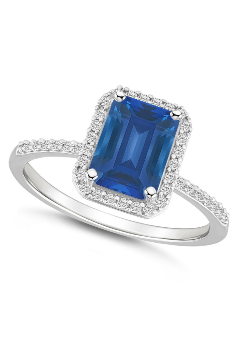 Lab Created 10K White Gold 8x6mm Emerald Cut Created Sapphire And Created White Sapphire Halo Ring