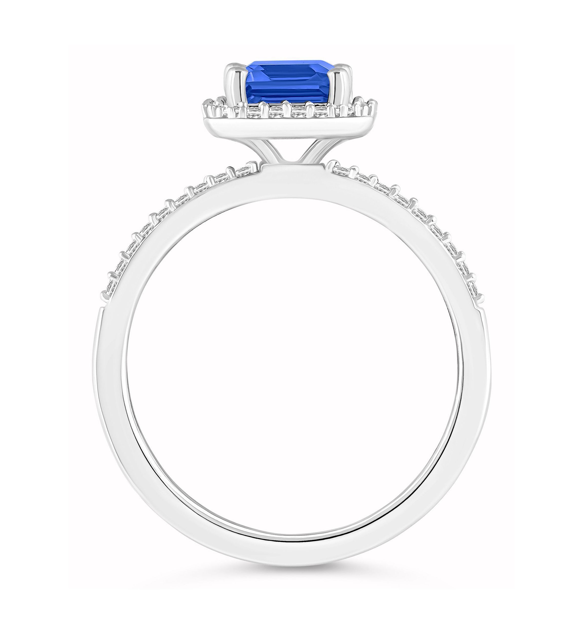Lab Created 10K White Gold 8x6mm Emerald Cut Created Sapphire And Created White Sapphire Halo Ring