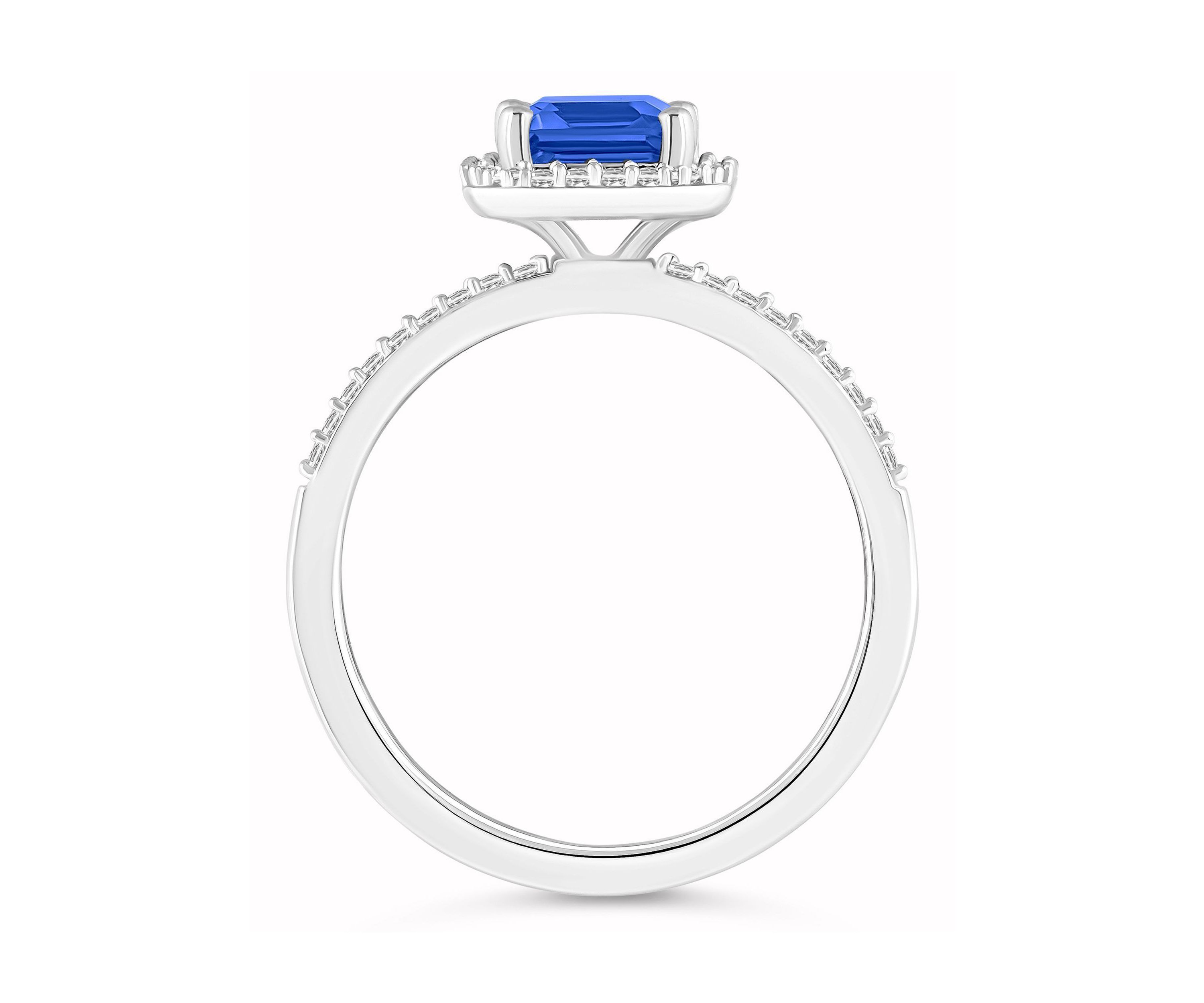 Lab Created 10K White Gold 8x6mm Emerald Cut Created Sapphire And Created White Sapphire Halo Ring