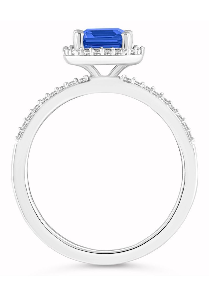 Lab Created 10K White Gold 8x6mm Emerald Cut Created Sapphire And Created White Sapphire Halo Ring