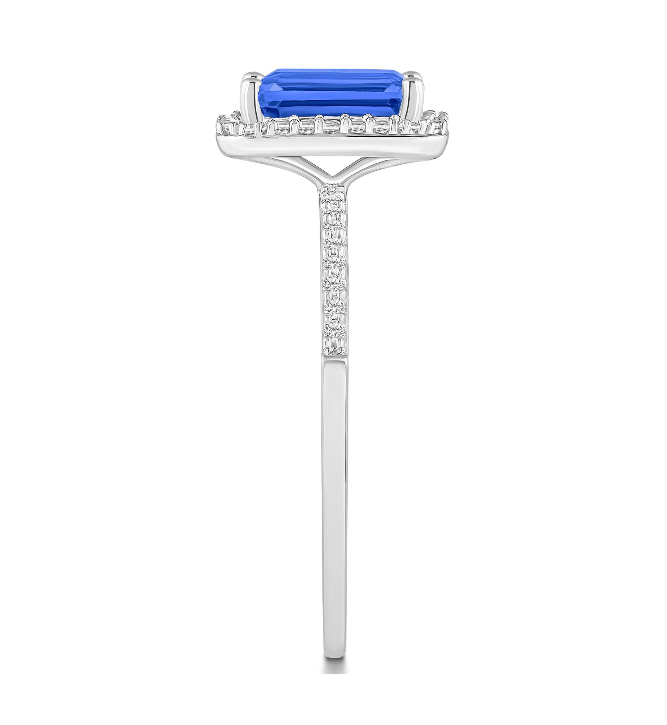 Lab Created 10K White Gold 8x6mm Emerald Cut Created Sapphire And Created White Sapphire Halo Ring