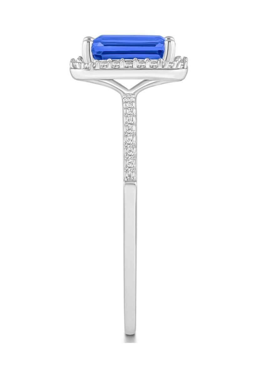 Lab Created 10K White Gold 8x6mm Emerald Cut Created Sapphire And Created White Sapphire Halo Ring