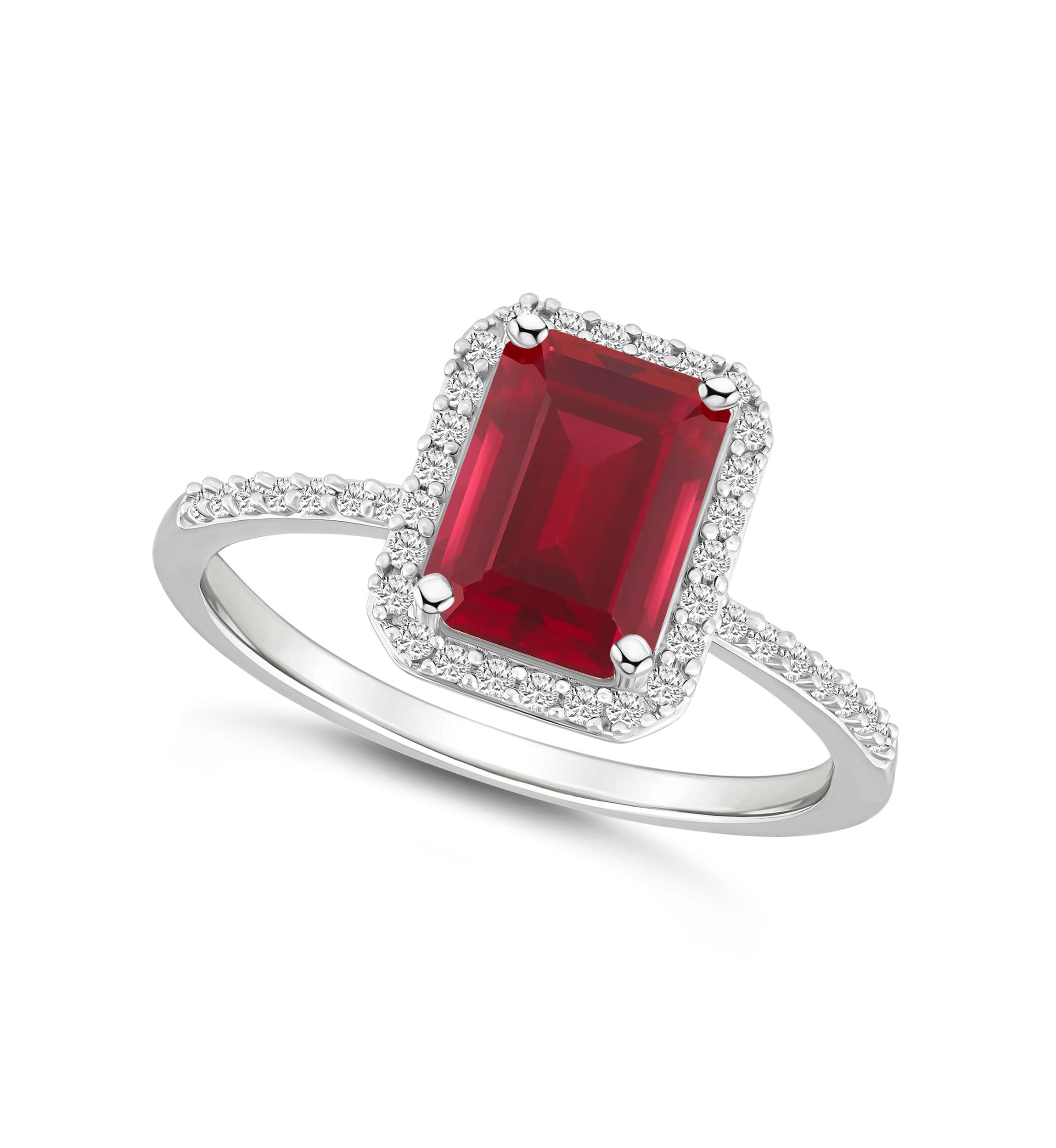 Lab Created 10K White Gold 8x6mm Emerald Cut Created Ruby And Created White Sapphire Halo Ring