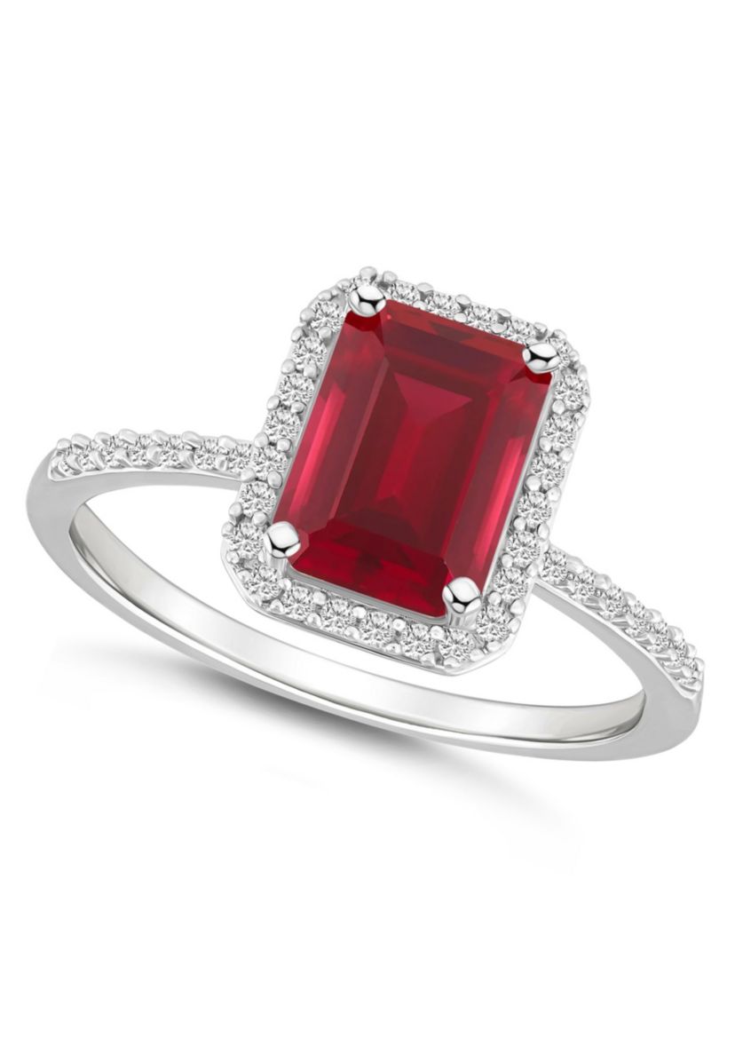 Lab Created 10K White Gold 8x6mm Emerald Cut Created Ruby And Created White Sapphire Halo Ring