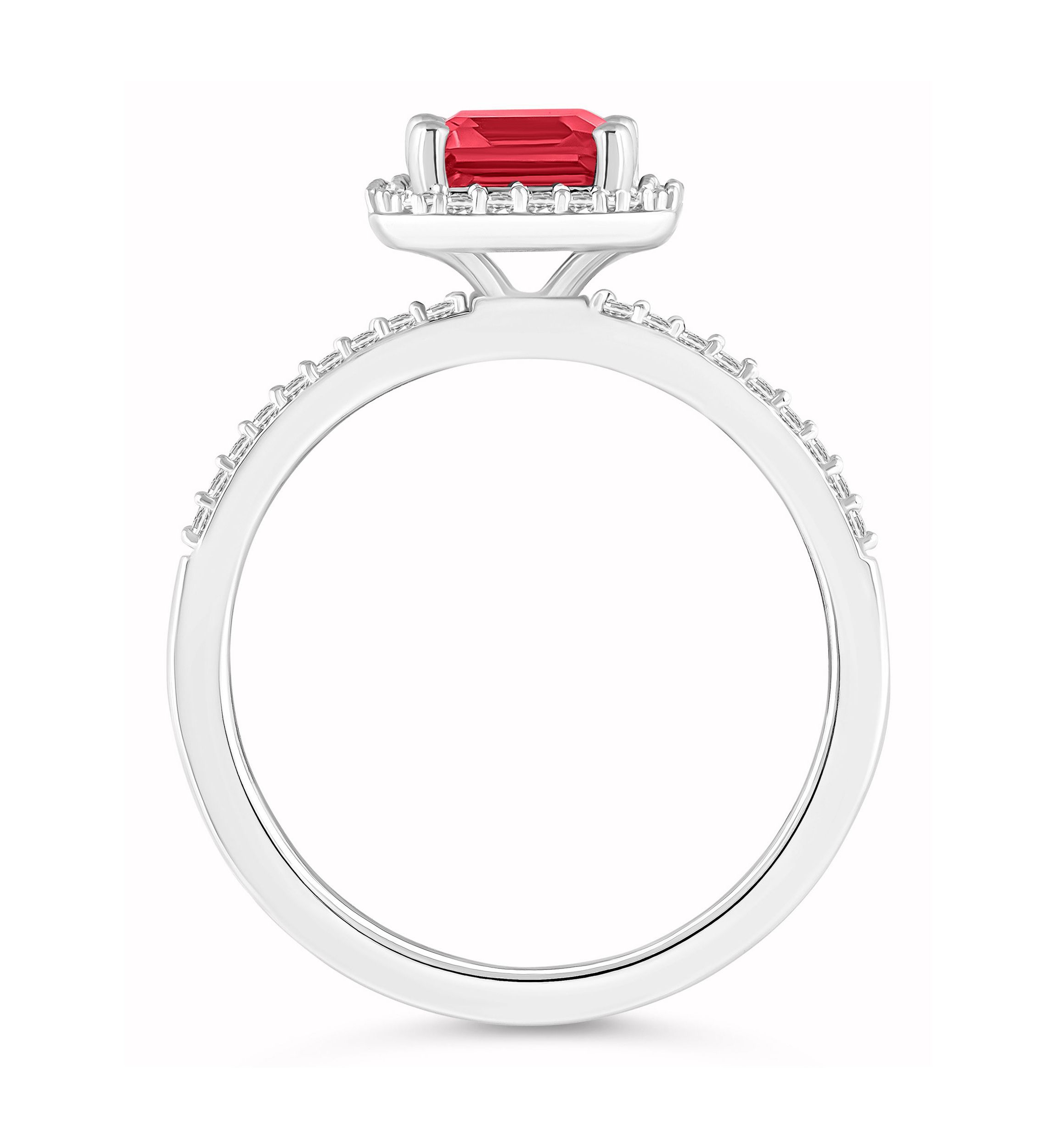 Lab Created 10K White Gold 8x6mm Emerald Cut Created Ruby And Created White Sapphire Halo Ring