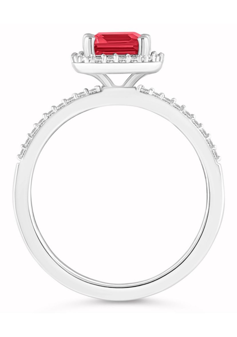 Lab Created 10K White Gold 8x6mm Emerald Cut Created Ruby And Created White Sapphire Halo Ring
