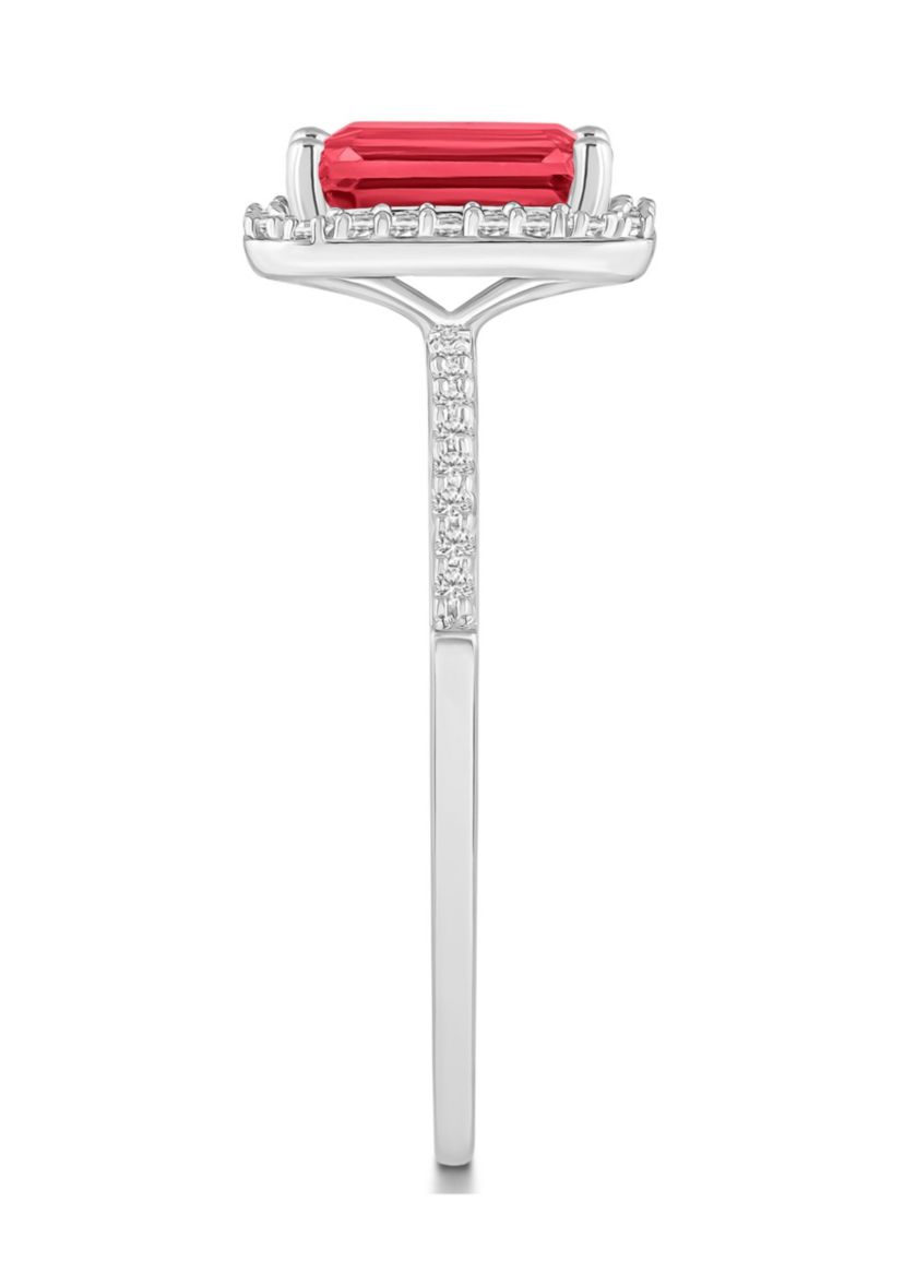 Lab Created 10K White Gold 8x6mm Emerald Cut Created Ruby And Created White Sapphire Halo Ring