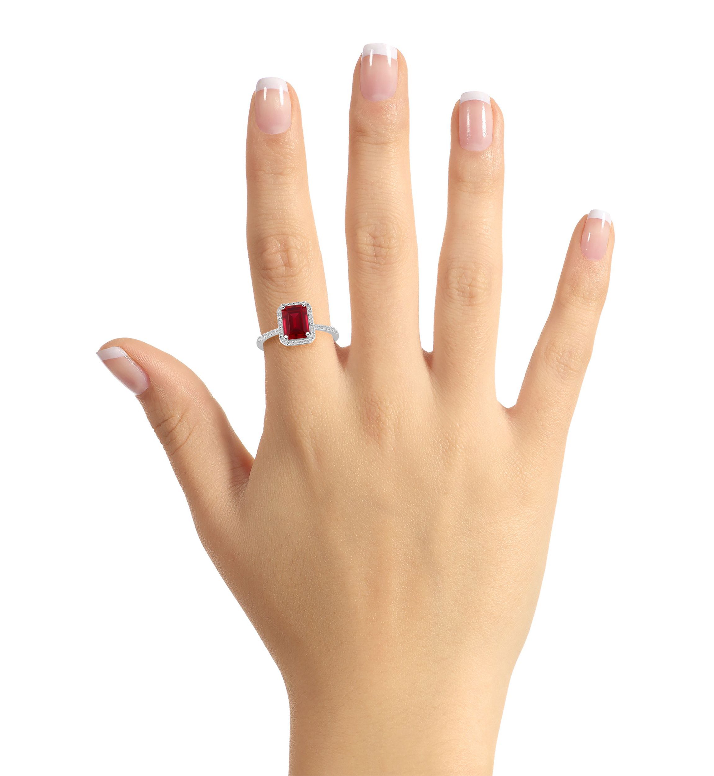 Lab Created 10K White Gold 8x6mm Emerald Cut Created Ruby And Created White Sapphire Halo Ring