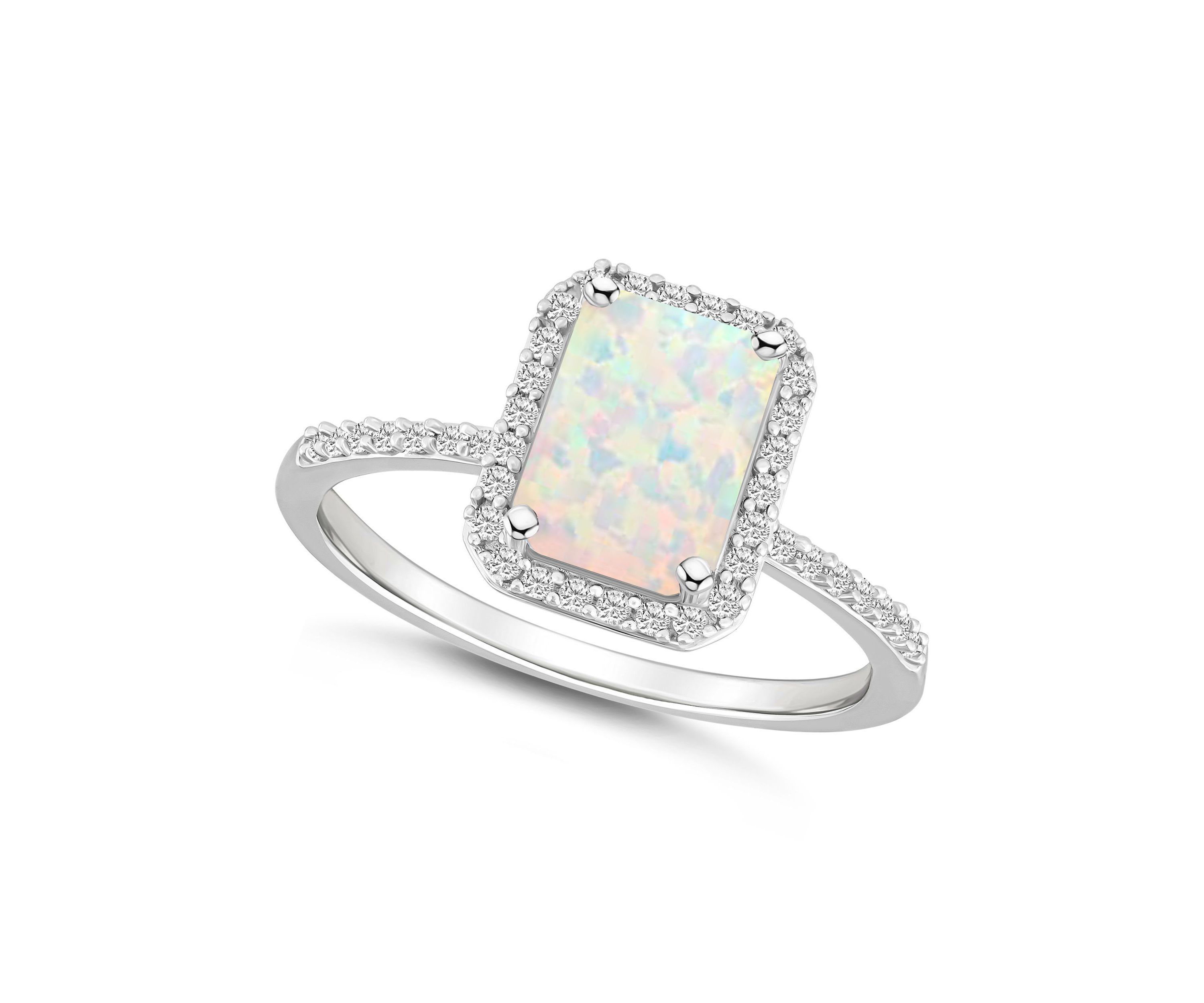 Lab Created 10K White Gold 8x6mm Emerald Cut Created Opal And Created White Sapphire Halo Ring