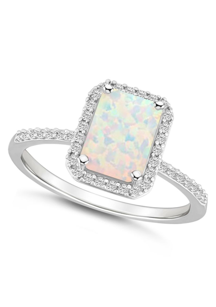 Lab Created 10K White Gold 8x6mm Emerald Cut Created Opal And Created White Sapphire Halo Ring