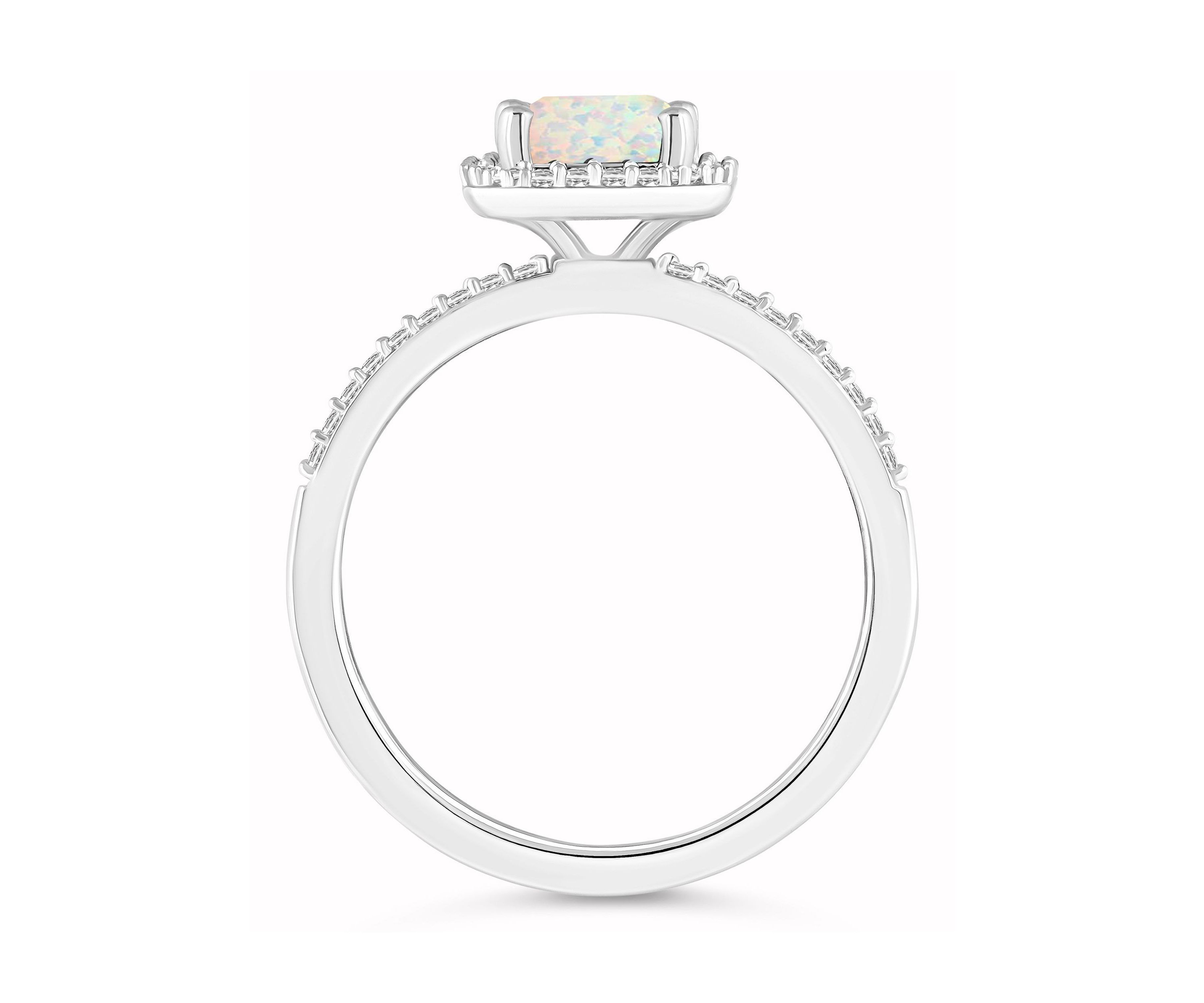 Lab Created 10K White Gold 8x6mm Emerald Cut Created Opal And Created White Sapphire Halo Ring