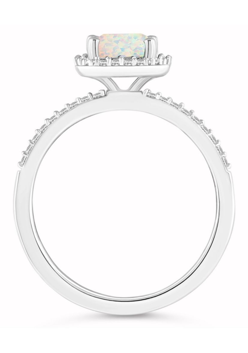 Lab Created 10K White Gold 8x6mm Emerald Cut Created Opal And Created White Sapphire Halo Ring