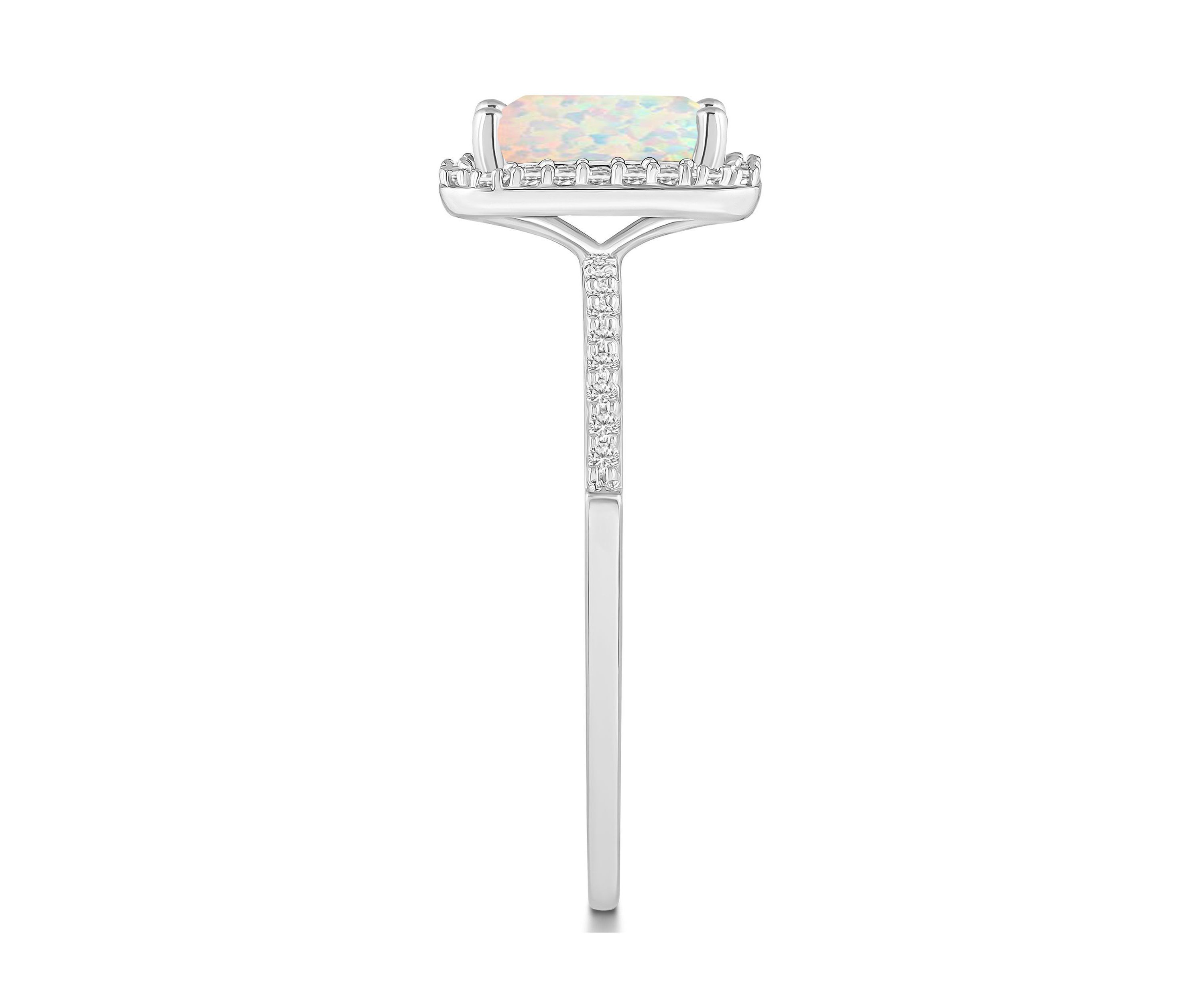 Lab Created 10K White Gold 8x6mm Emerald Cut Created Opal And Created White Sapphire Halo Ring