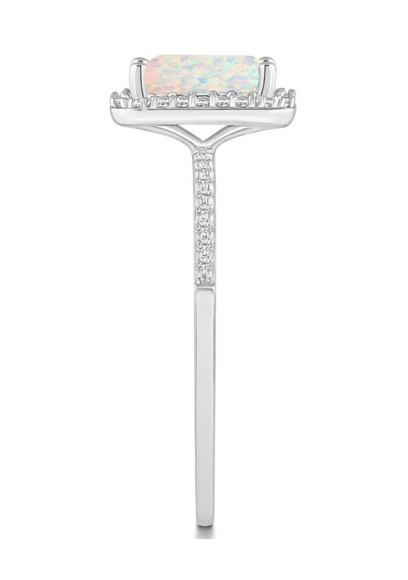 Lab Created 10K White Gold 8x6mm Emerald Cut Created Opal And Created White Sapphire Halo Ring