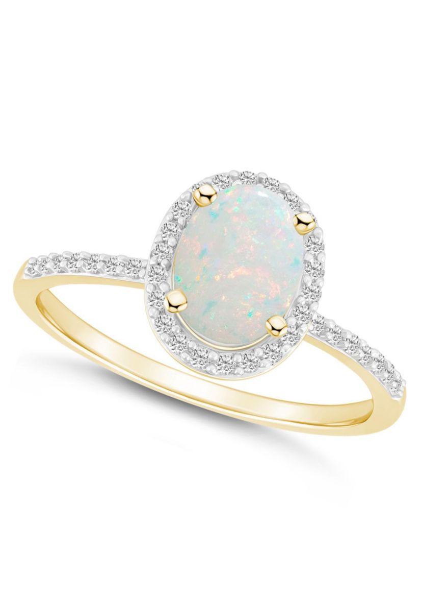 Lab Created 10K Yellow Gold 8x6mm Oval Created Opal And Created White Sapphire Halo Ring