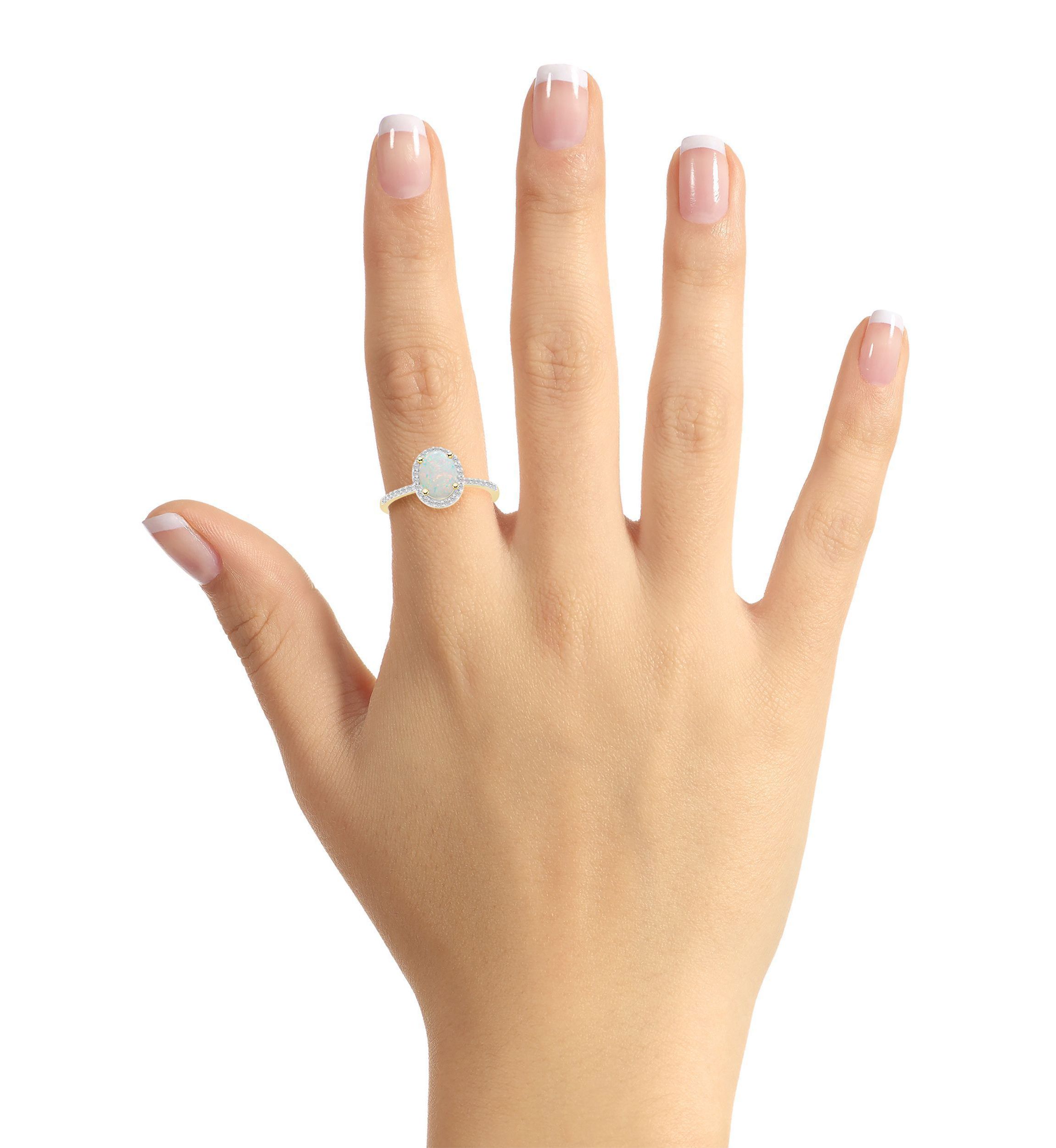 Lab Created 10K Yellow Gold 8x6mm Oval Created Opal And Created White Sapphire Halo Ring