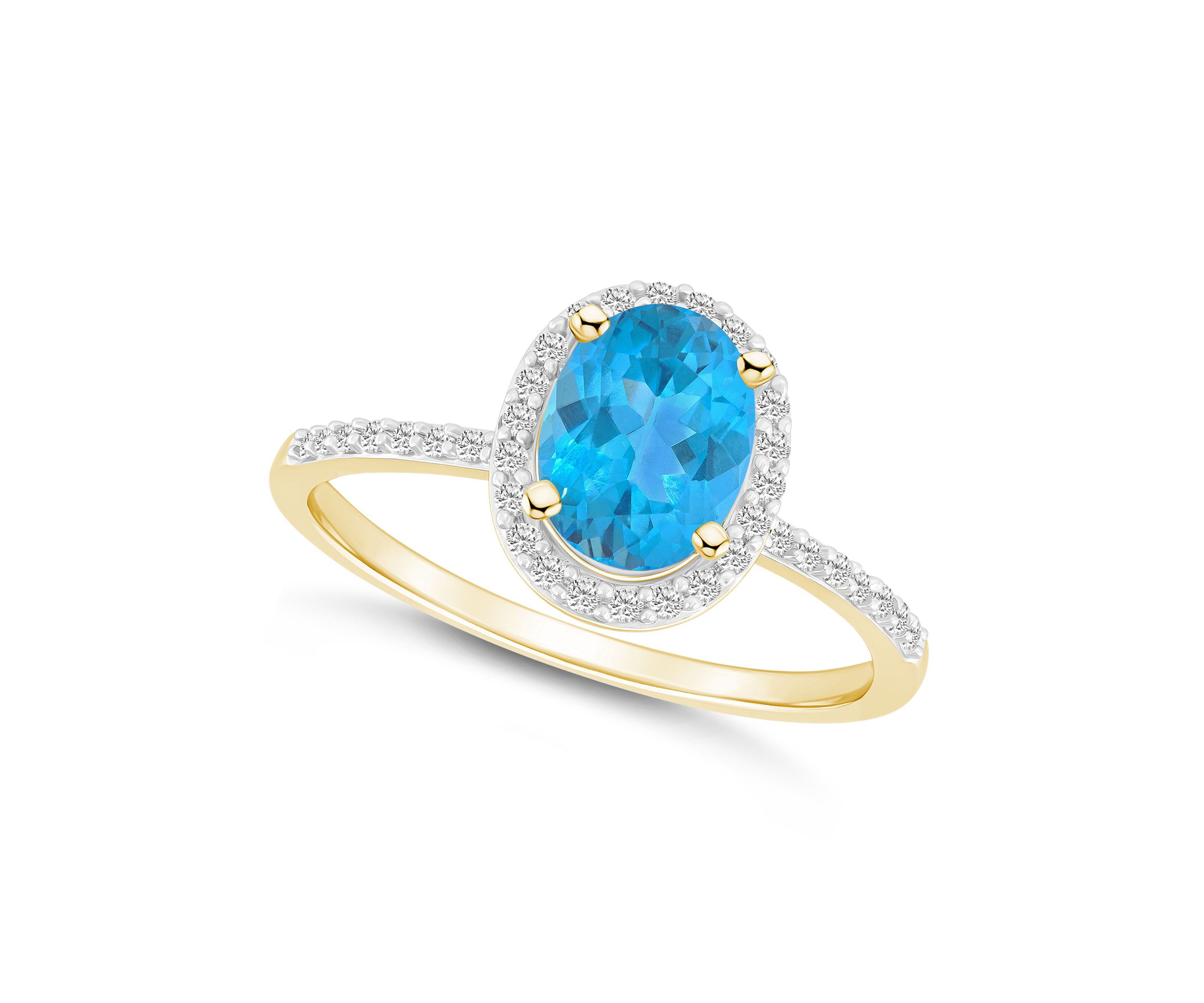 10K Yellow Gold 8x6mm Oval Blue Topaz And Created White Sapphire Halo Ring