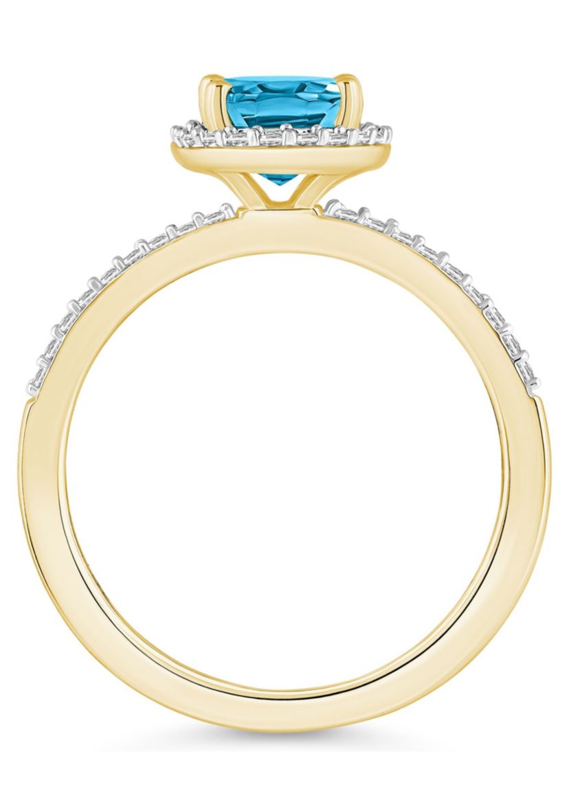 10K Yellow Gold 8x6mm Oval Blue Topaz And Created White Sapphire Halo Ring