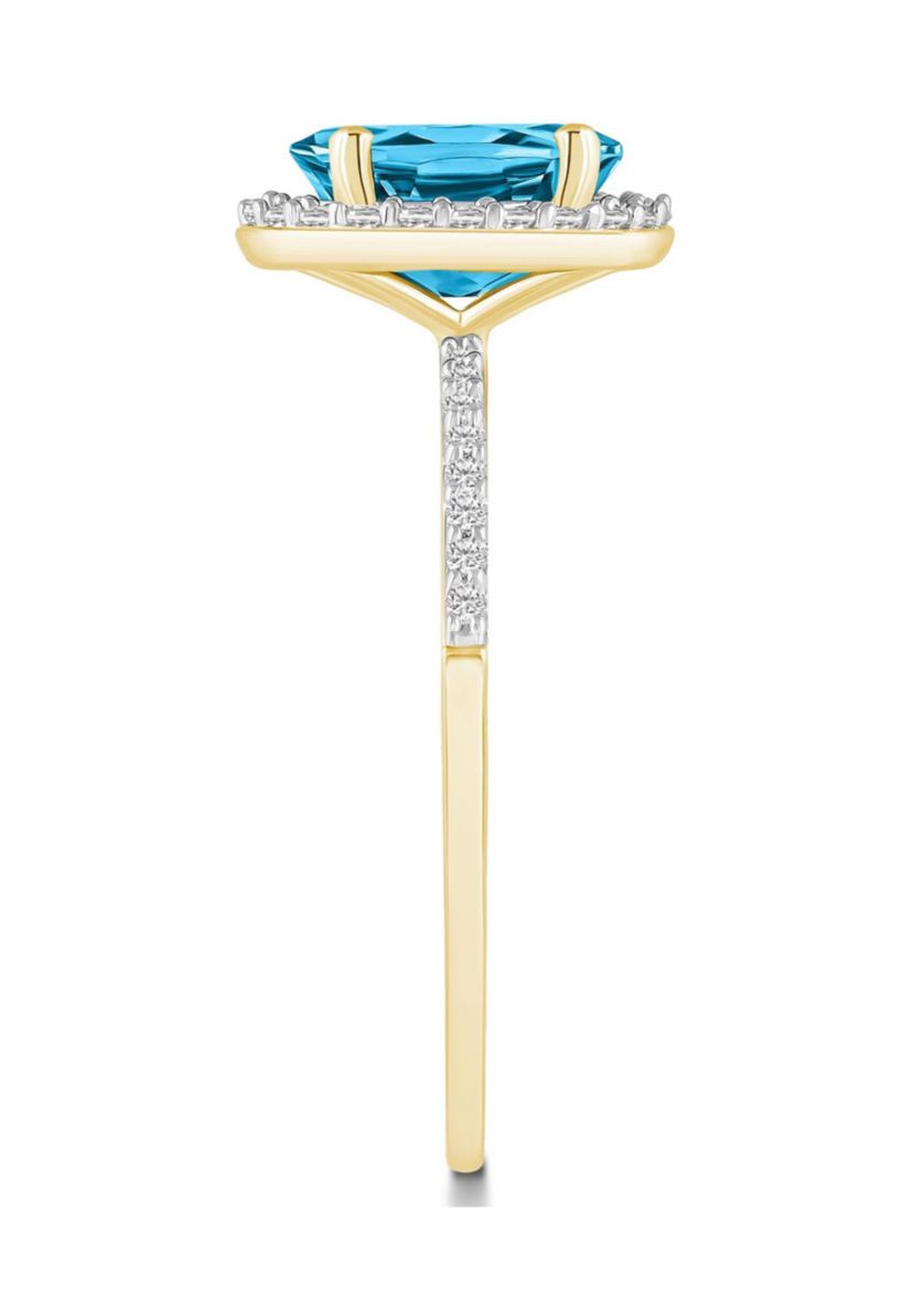 10K Yellow Gold 8x6mm Oval Blue Topaz And Created White Sapphire Halo Ring
