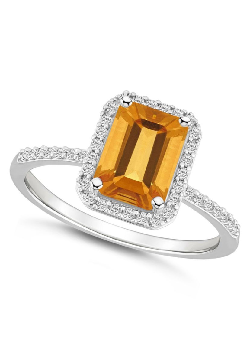 10K White Gold 8x6mm Emerald Cut Citrine And Created White Sapphire Halo Ring