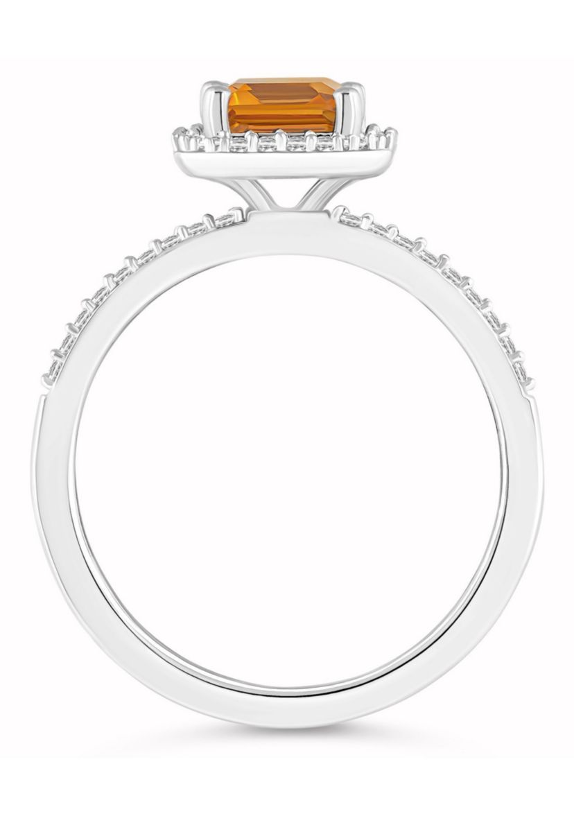10K White Gold 8x6mm Emerald Cut Citrine And Created White Sapphire Halo Ring