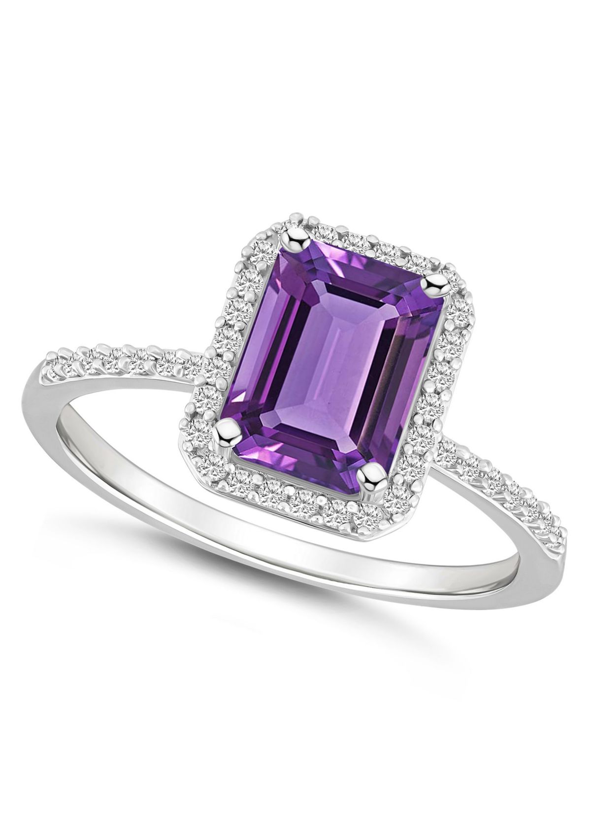 10K White Gold 8x6mm Emerald Cut Amethyst And Created White Sapphire Halo Ring