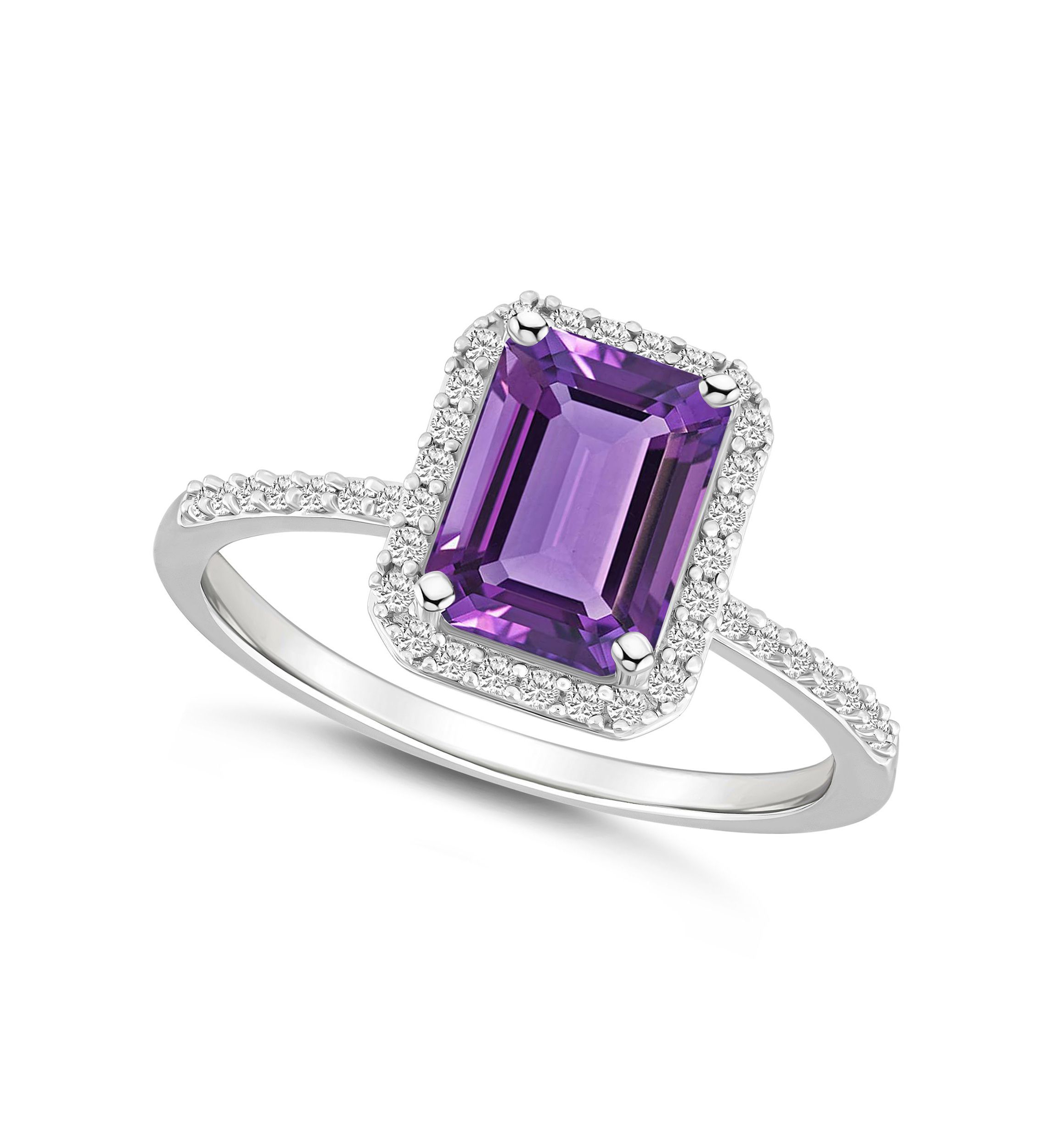 10K White Gold 8x6mm Emerald Cut Amethyst And Created White Sapphire Halo Ring