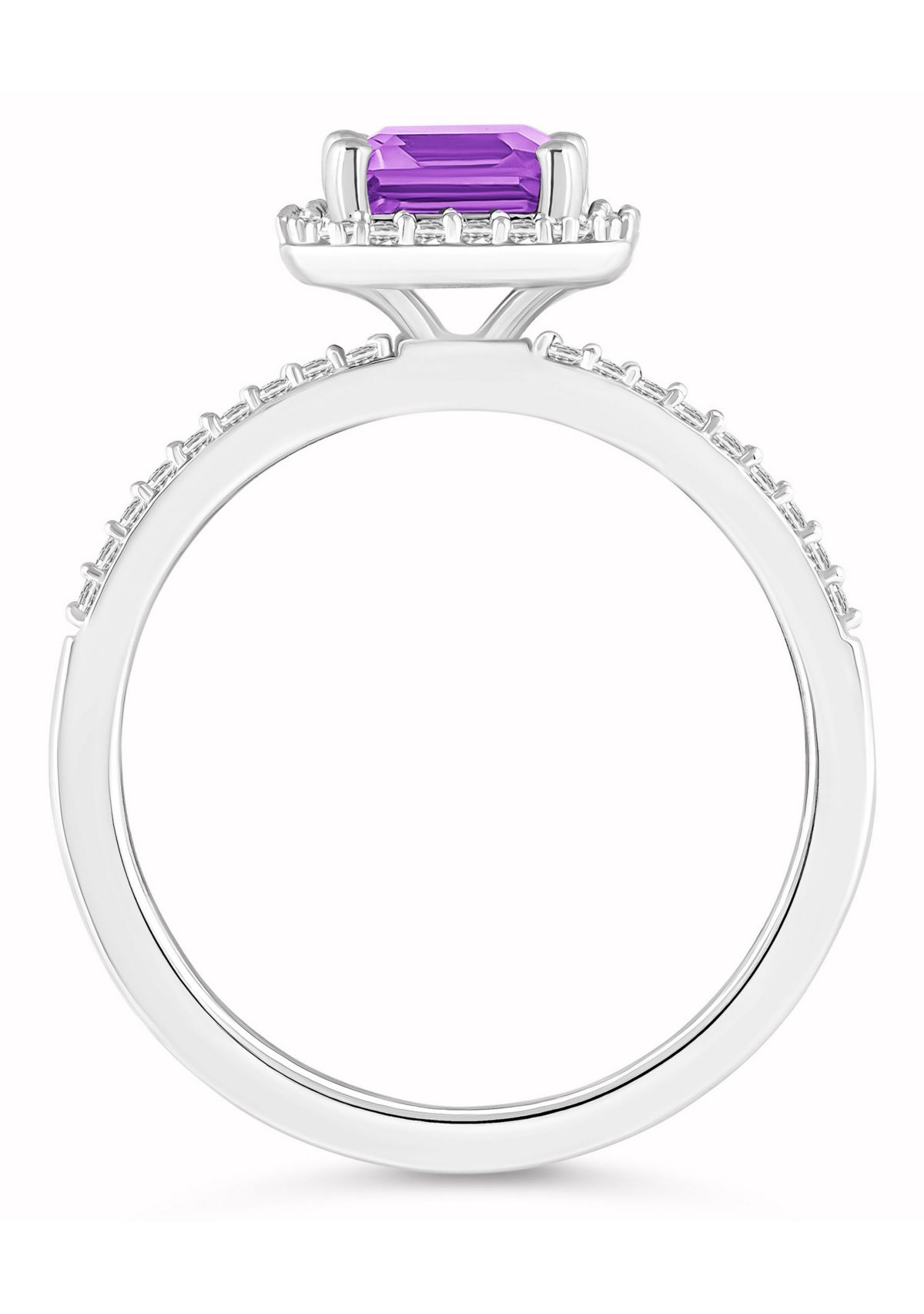 10K White Gold 8x6mm Emerald Cut Amethyst And Created White Sapphire Halo Ring