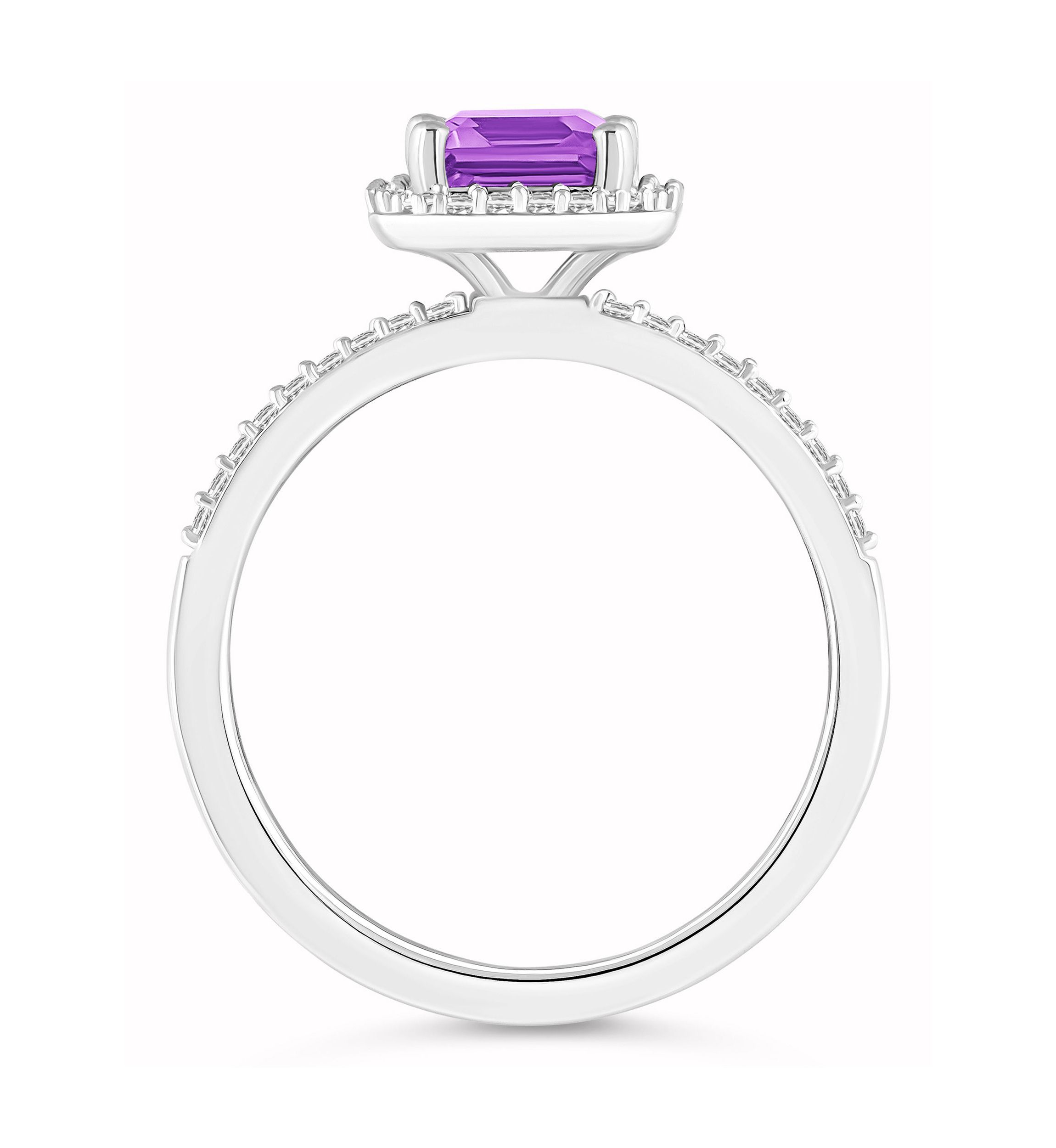 10K White Gold 8x6mm Emerald Cut Amethyst And Created White Sapphire Halo Ring