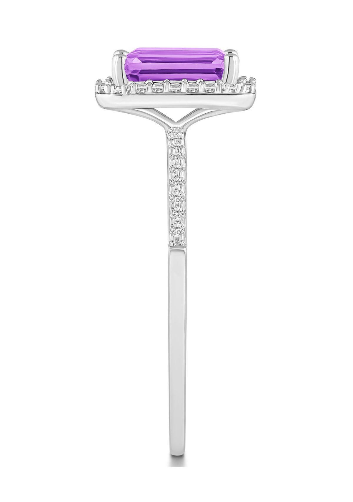 10K White Gold 8x6mm Emerald Cut Amethyst And Created White Sapphire Halo Ring