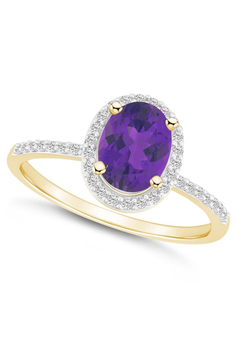 10K Yellow Gold 8x6mm Oval Amethyst And Created White Sapphire Halo Ring