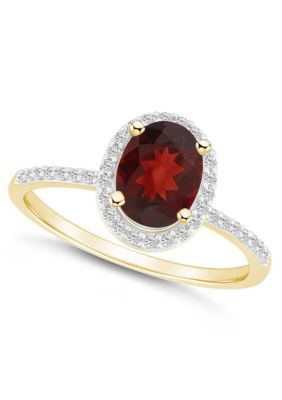 10K Yellow Gold 8x6mm Oval Garnet And Created White Sapphire Halo Ring