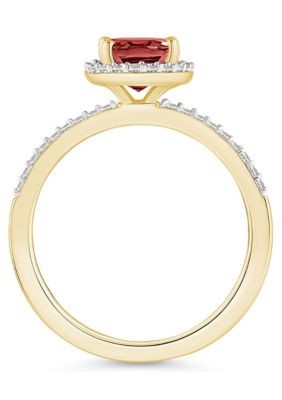 10K Yellow Gold 8x6mm Oval Garnet And Created White Sapphire Halo Ring