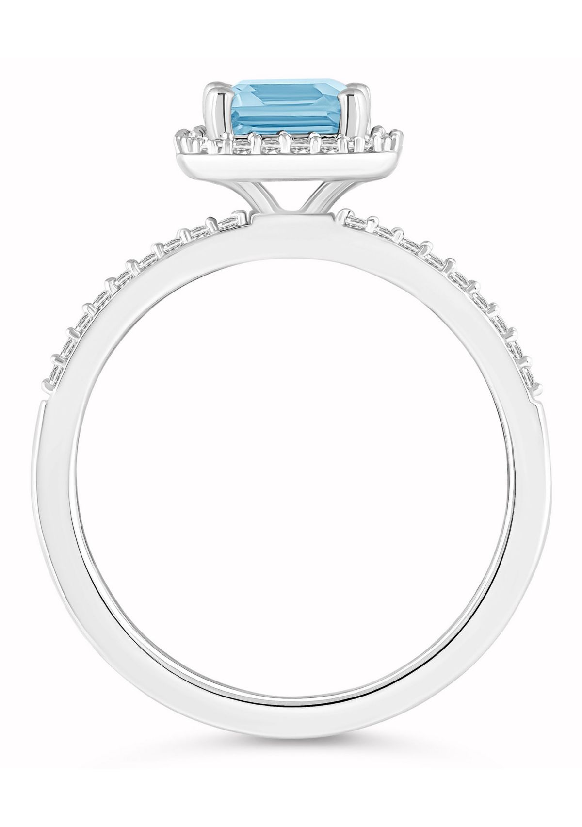 Lab Created 10K White Gold 8x6mm Emerald Cut Simulated Aquamarine And Created White Sapphire Halo Ring