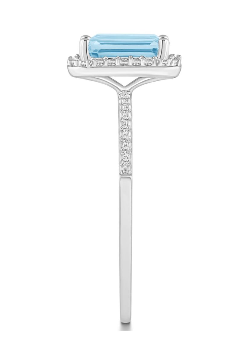 Lab Created 10K White Gold 8x6mm Emerald Cut Simulated Aquamarine And Created White Sapphire Halo Ring