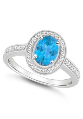 Sterling Silver 8x6mm Oval Blue Topaz 1/5 CTTW Diamond Halo Ring