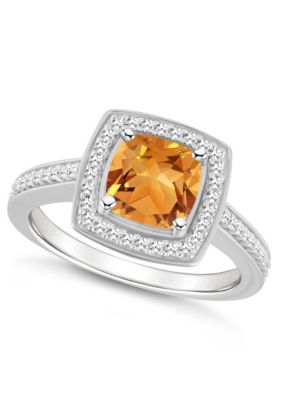 Sterling Silver 7mm Cushion Citrine 1/4 CTTW Diamond Halo Ring